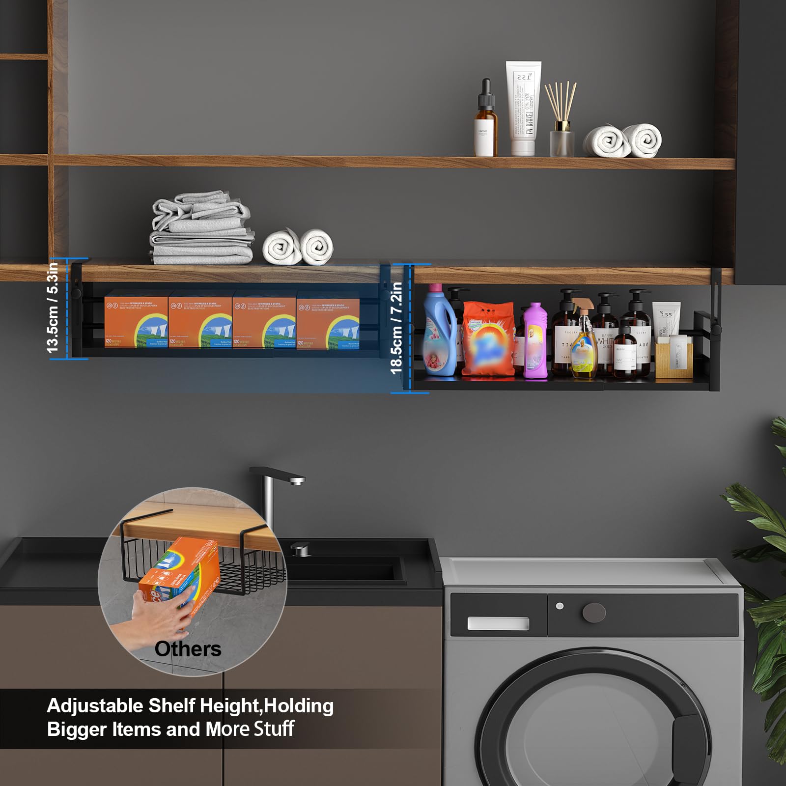 AmonHouseware Regalkorb-Organizer, verstellbar, unter dem Schrank, Hängeregal, Länge dehnbar, 33-53 cm, für Küche, Speisekammer, Schreibtisch, Theke, Bücherregal, Schrank, Schwarz, 2 Stück