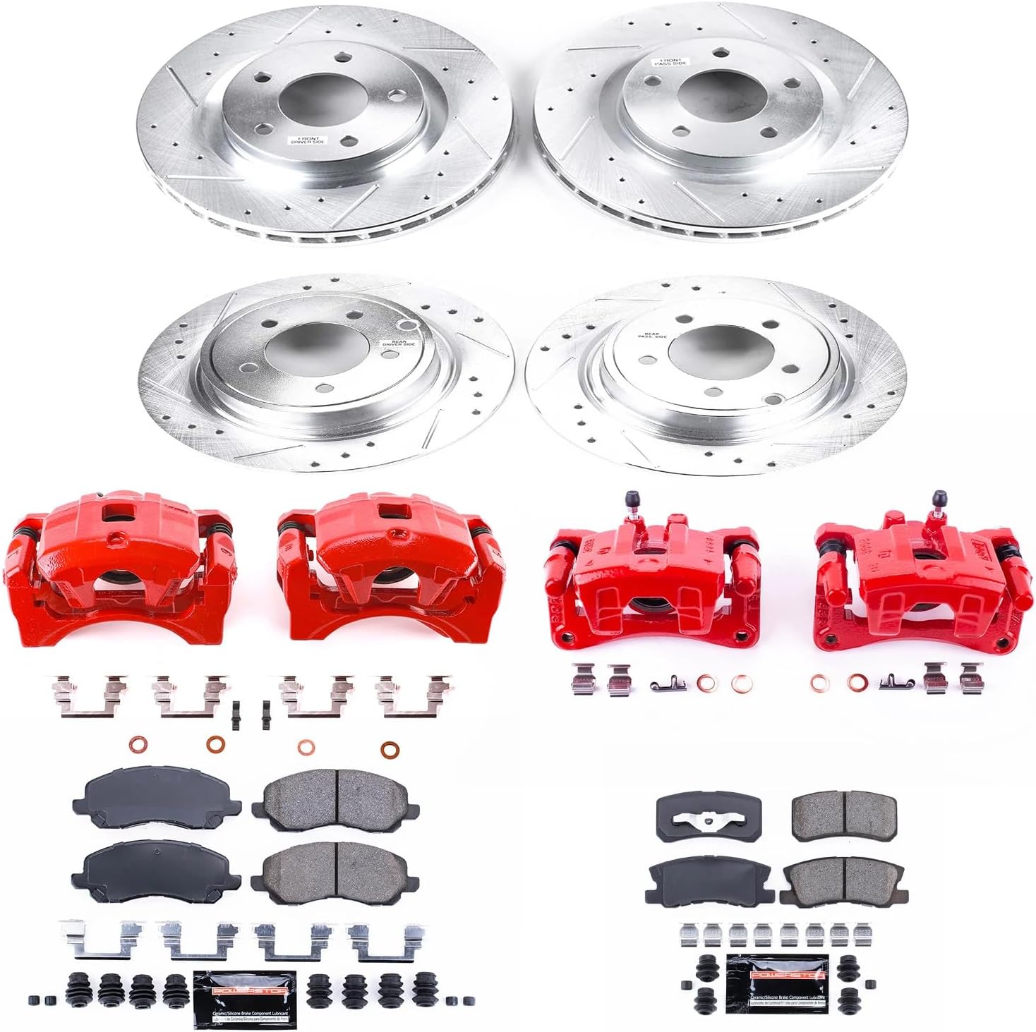 PowerStop Front and Rear Brake Kit For Mitsubishi Lancer 2008-16 |Outlander 2008-13 - Powder Coated Calipers + Carbon Fiber Ceramic Brake Pads + Drilled & Slotted Rotors Upgrade, KC2848B