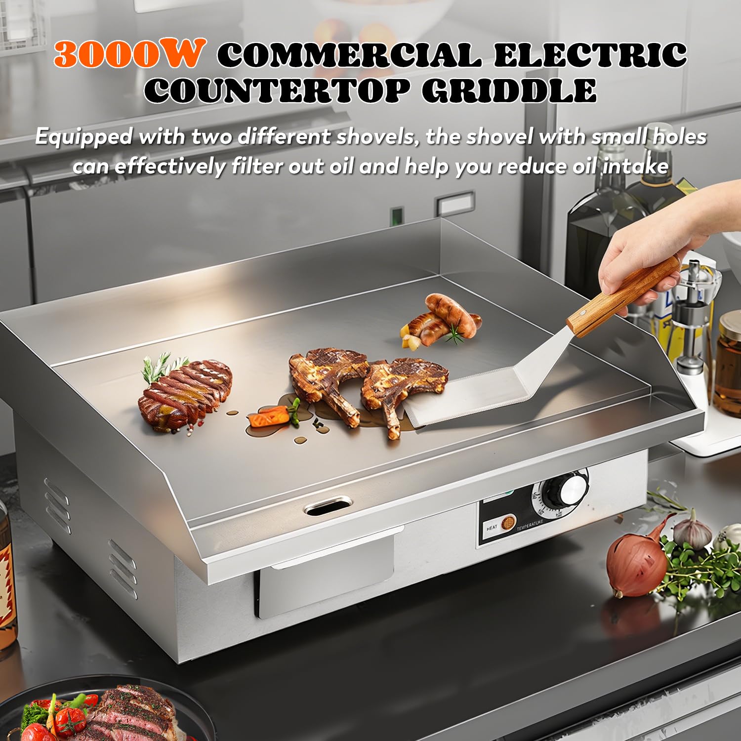 Moongiantgo Piastra Elettrica Commerciale 22" 3000W, Grill in Acciaio Inox con Scatola Olio Rimovibile e Temperatura Regolabile (0-300°C), Piastra Teppanyaki Antiaderente per Ristoranti, Cucine (22'')