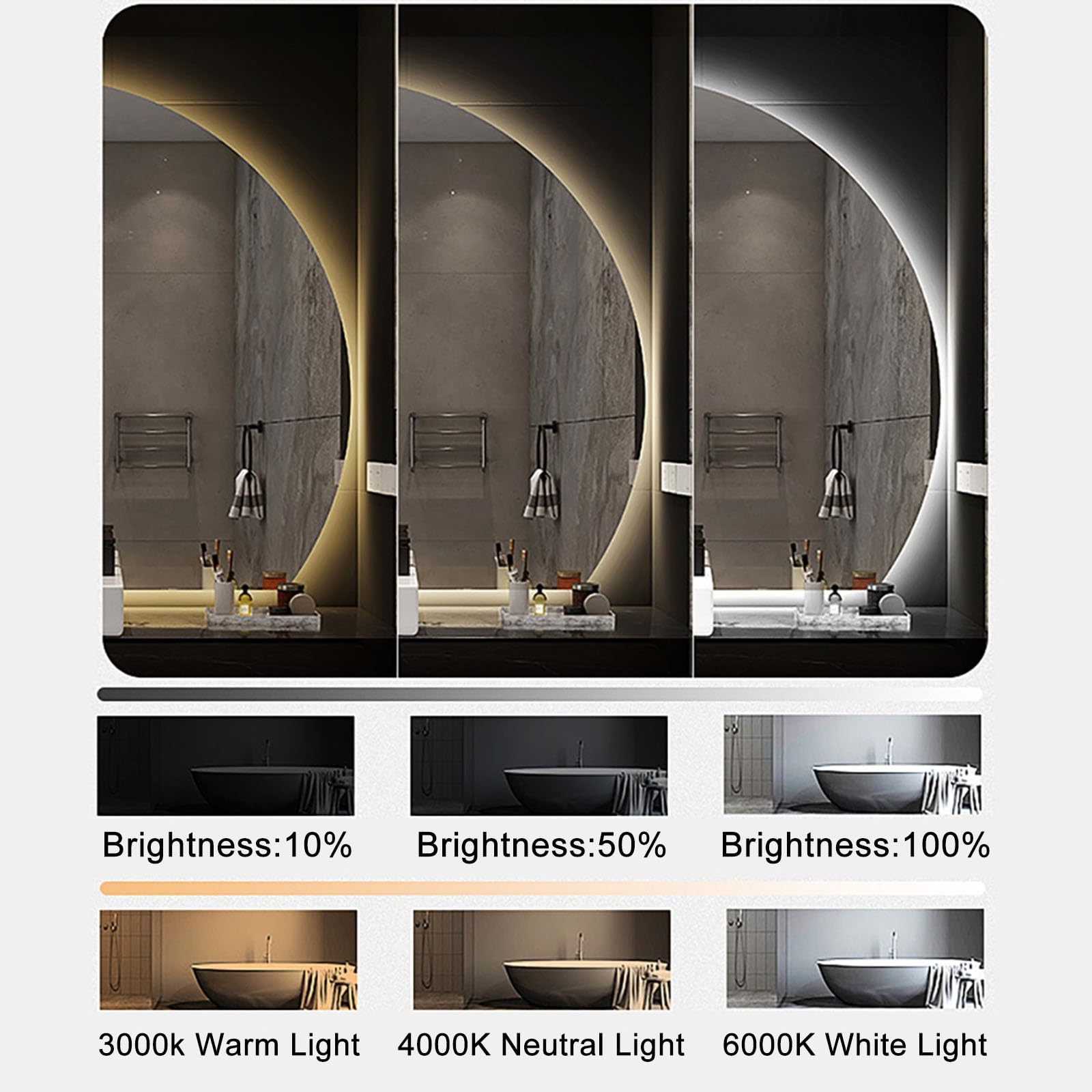 101.6 cm 91.4 cm Half Moon Frameless Vanity LED Mirror do łazienki, 3 kolory ściemniane, podświetlane przeciwmgielne 81 cm 71 cm inteligentna ściana dekoracyjna sypialnia (prawy poniżej cięcia, 80 cm