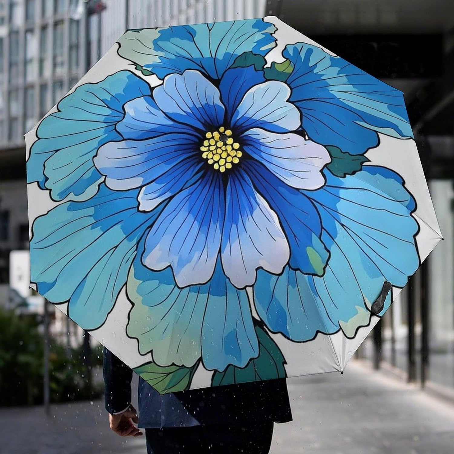 Blue Hibiscus Flower Golf Umbrellas-2 Fold Automatic,Windproof Umbrella with Portable,Strong,Folding Umbrella for Women Men