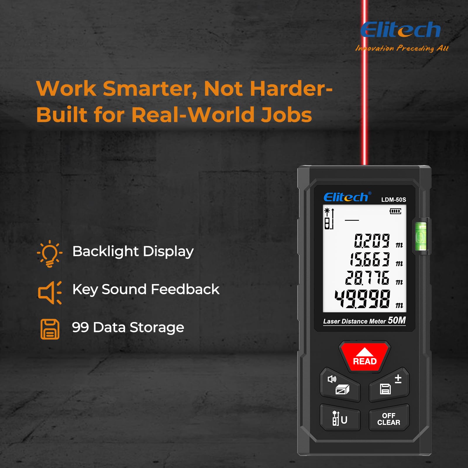 Elitech Laser Measur 50M with 1 Bubble Levels, Digital Laser Distance Meter for Measuring Distance Area Volume Pythagoras - Image 3