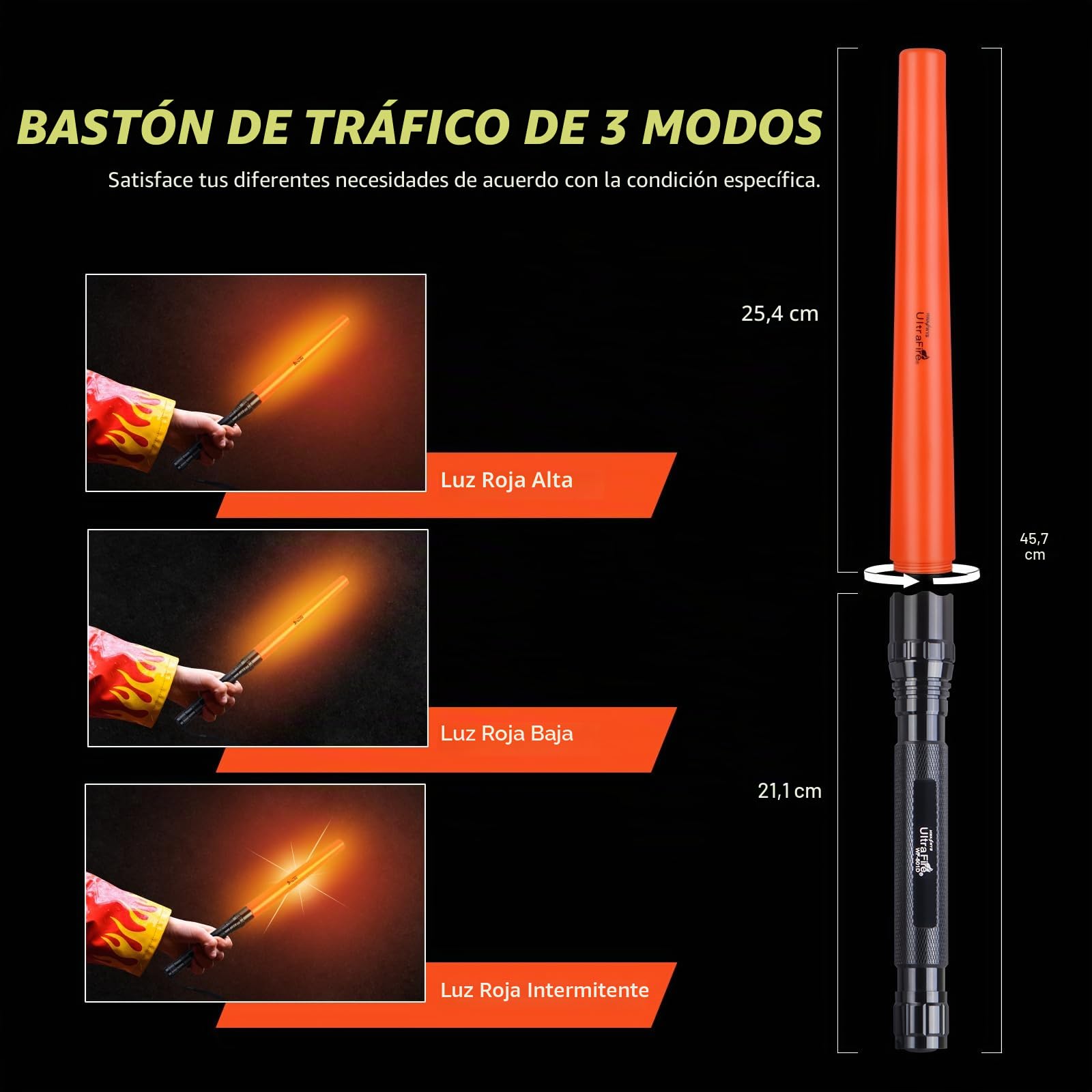 UltraFire Linterna LED de 18 pulgadas, barra de señal de 1300 lúmenes, 3 modos con luz roja intermitente, varilla naranja para aeropuerto, bomberos, dirección de coche, emergencia, WF-501D