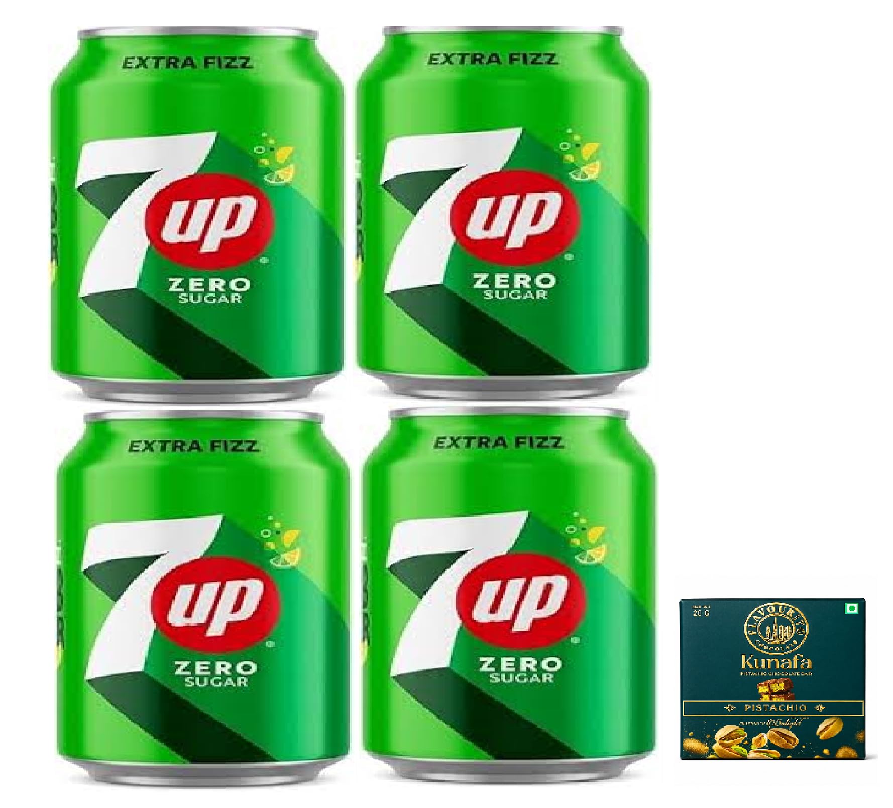 7UPs Zero Sugar Lemon & Lime Flavoured Carbonated Soft Drink, Extra Fizz,300 ml,Each (Pack of 4) Get Free Flavourito Kunafa Pistachio Chocolate Bar, 20g By Decadent Foods,(Imported-UK)-image-20