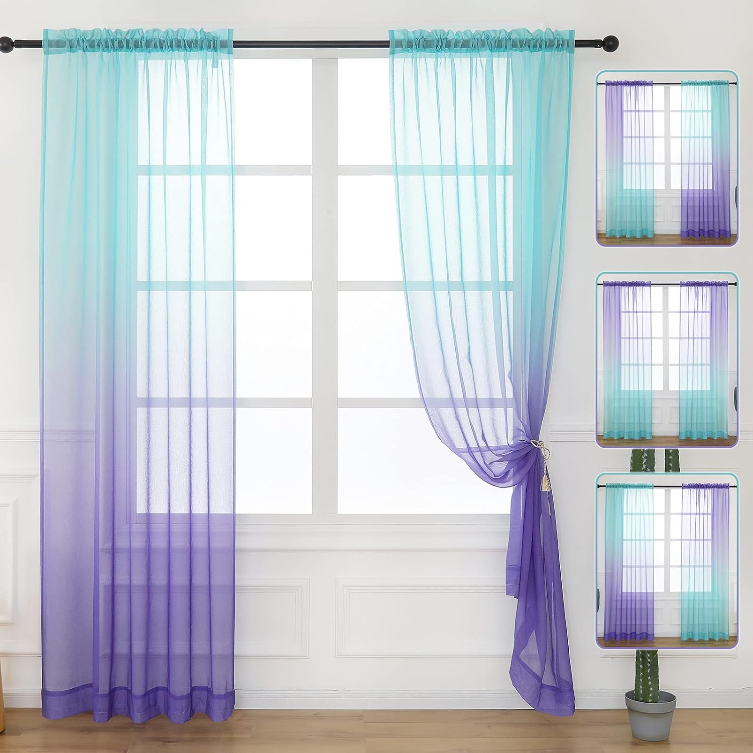Drewin Teal and Purple Sheer Curtains 84 Inches Long 2 Panels Fashion Ombre Mermaid Window Curtains for Kids Room Nursery Voile Sheer Curtain,52x84 Inches