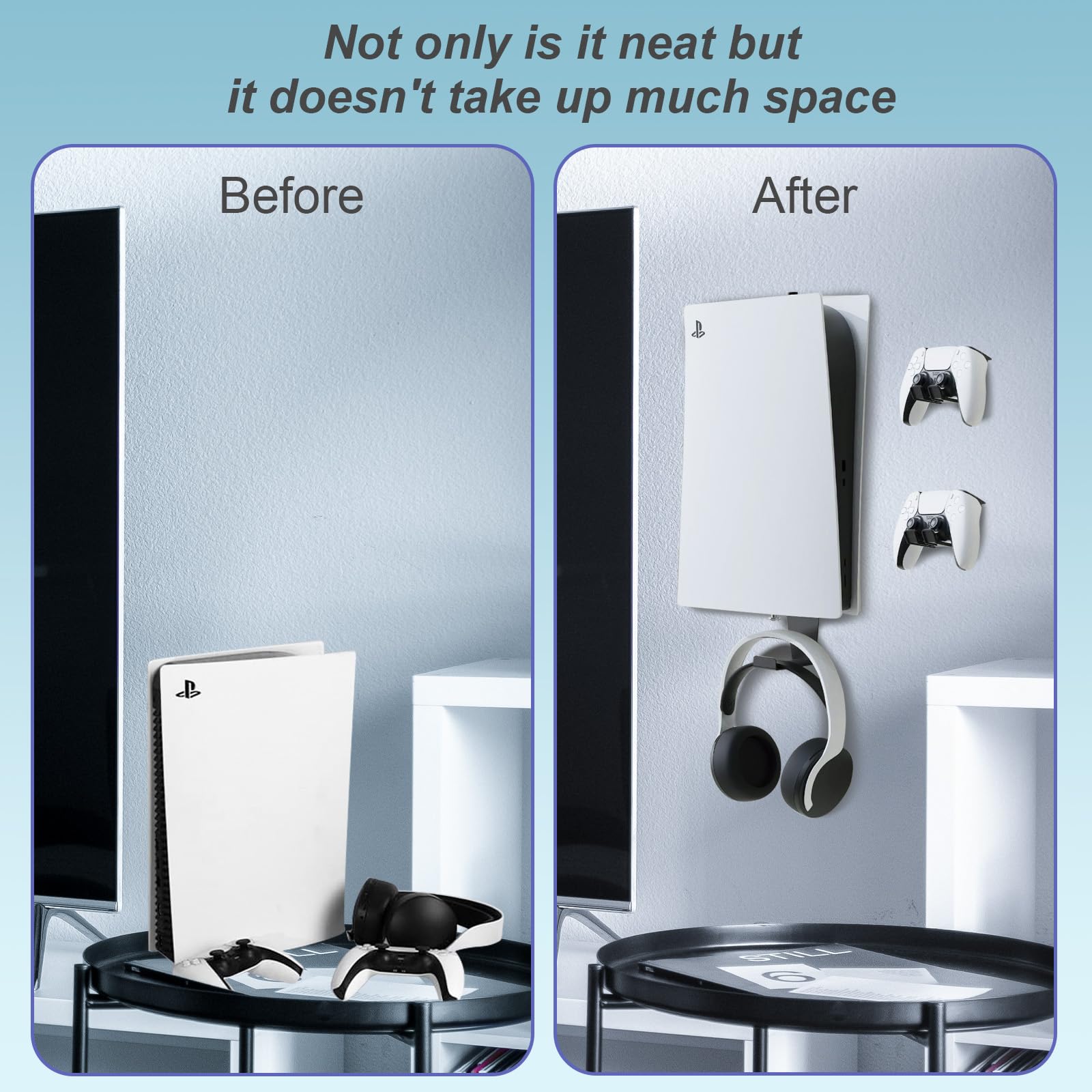 meiboshin PS5 Wall Mount, Heavy-Duty Steel Mount Kit for Protection & Cooling with 2 Controller Holder and Headset Holder,Compatible with All PS5 Models Including Slim, Pro, Original. (Black) - 4