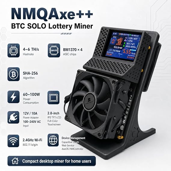 NMQAXE++ 4-6TH/s Bitcoin Miner, 60-100W Low-Power ASIC Miner with 4 BM1370 Chips, SHA-256 Open-Source Solo Crypto Lottery BTC Mining Machine for Home & Office, 2 Fan, 12V 10A US Power Supply(Black)
