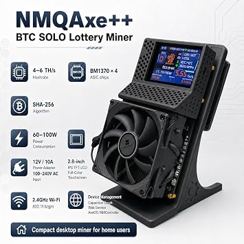 NMQAXE++ 4-6TH/s Bitcoin Miner, 60-100W Low-Power ASIC Miner with 4 BM1370 Chips, SHA-256 Open-Source Solo Crypto Lottery BTC Mining Machine for Home & Office, 2 Fan, 12V 10A US Power Supply(Black)