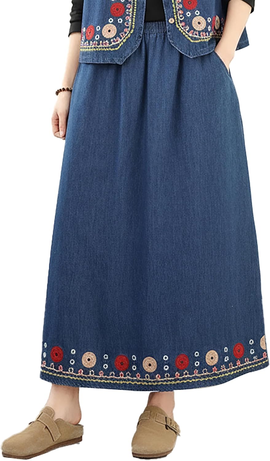 LAI MENG FIVE CATS Women's Embroidered Denim Maxi Skirt Stretchy Elastic Waist Flared Jean Skirts with Pockets