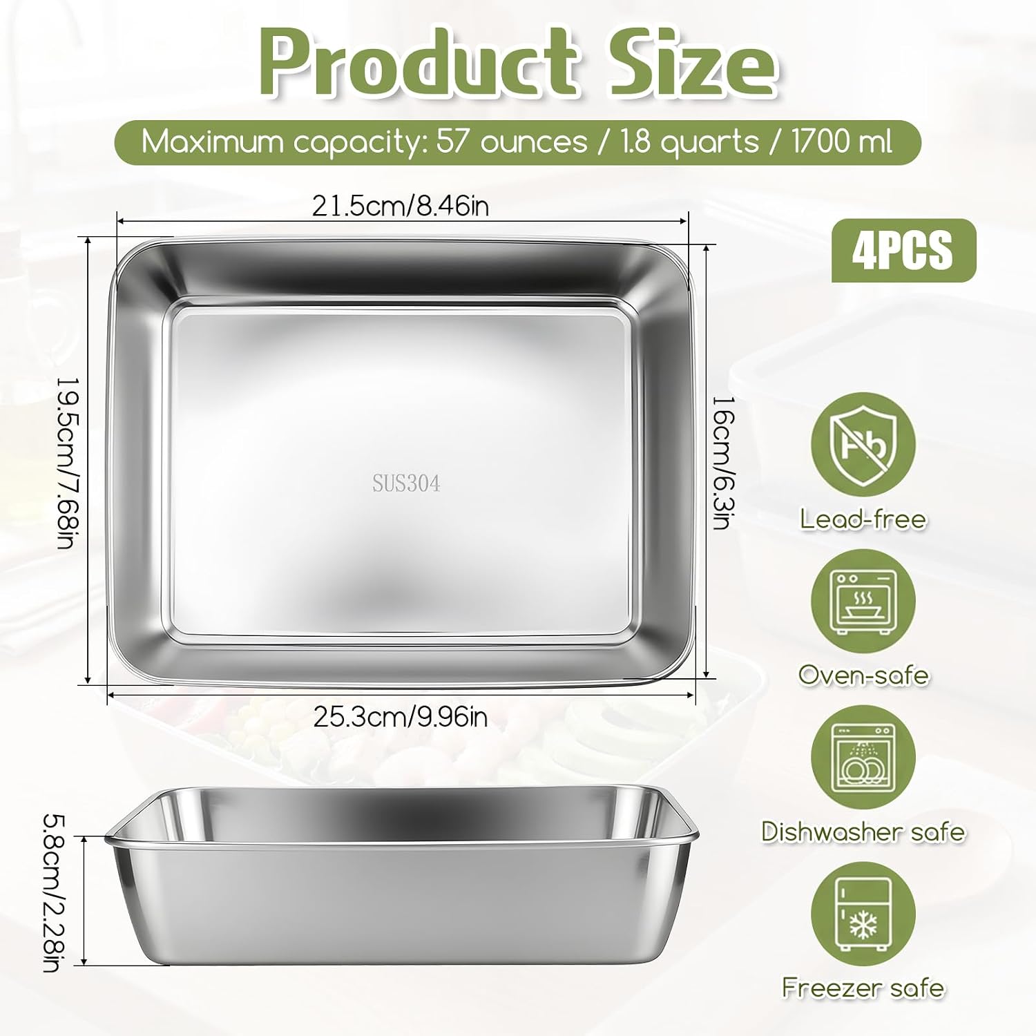 4 pcs 304 stainless steel food storage containers with lids, 2.3 inch deep, 8x10 inch stackable snack storage boxes stainless steel oven plate deli meat keeper for refrigerator or picnic, office, gym