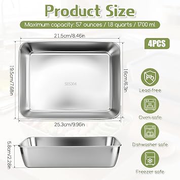 4 PCS 304 Stainless Steel Food Storage Containers with lids, 2.3 Inch Deep, 8x10 Inch Stackable Snack Storage Boxes Stainless Steel Oven plate Deli Meat Keeper for Refrigerator or Picnic, Office, Gym