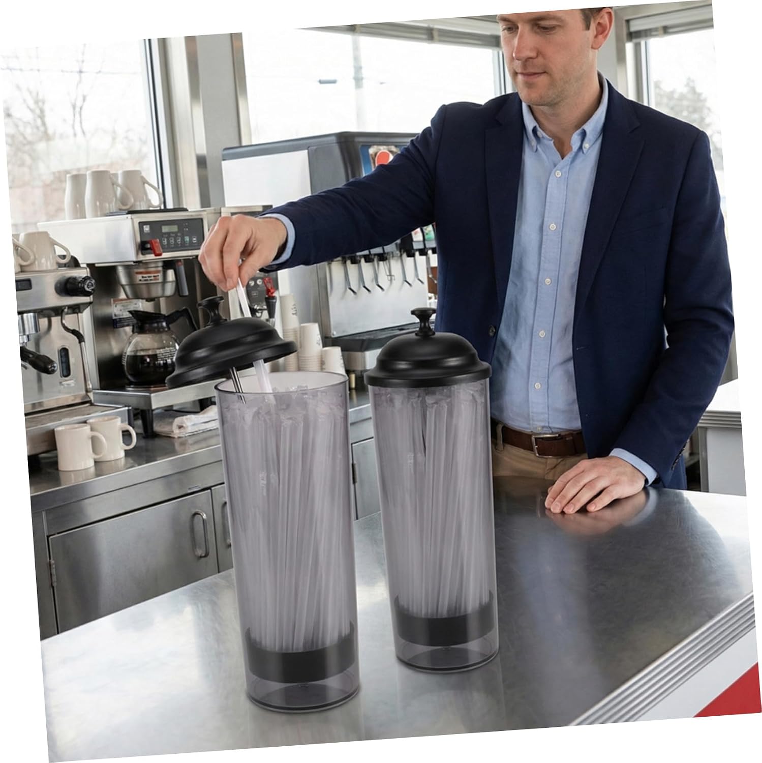 2 Pack Plastic Straw Dispenser Organizer with Lid for Countertop