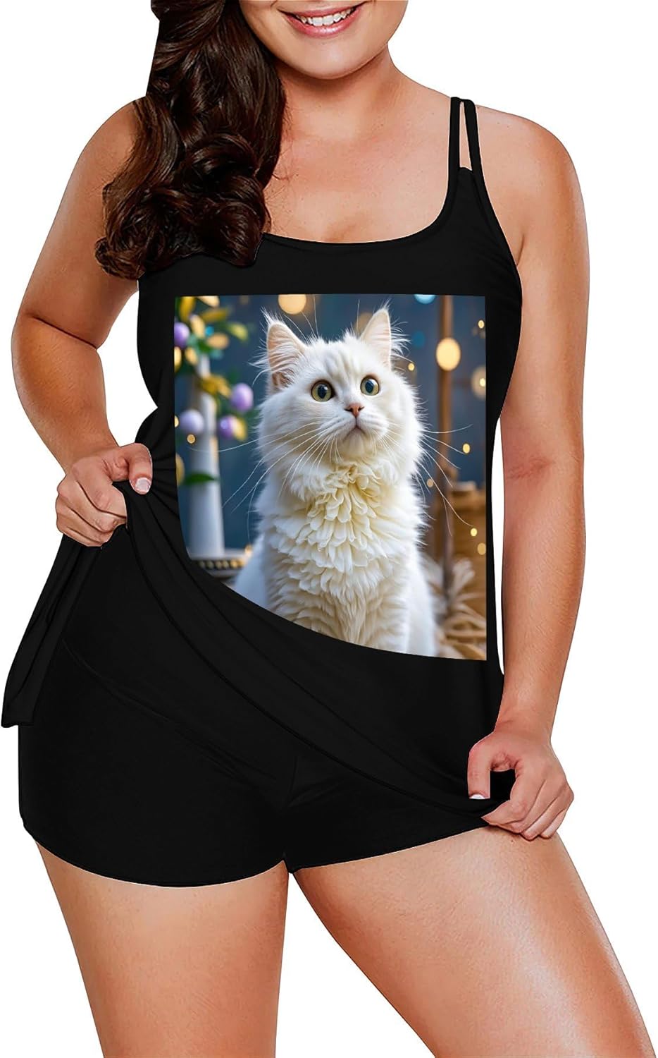 Gorgeous White Cat Tankini Swimsuits for Women Tummy Control Two Piece Bathing Suits Swim Tops with Boy Shorts