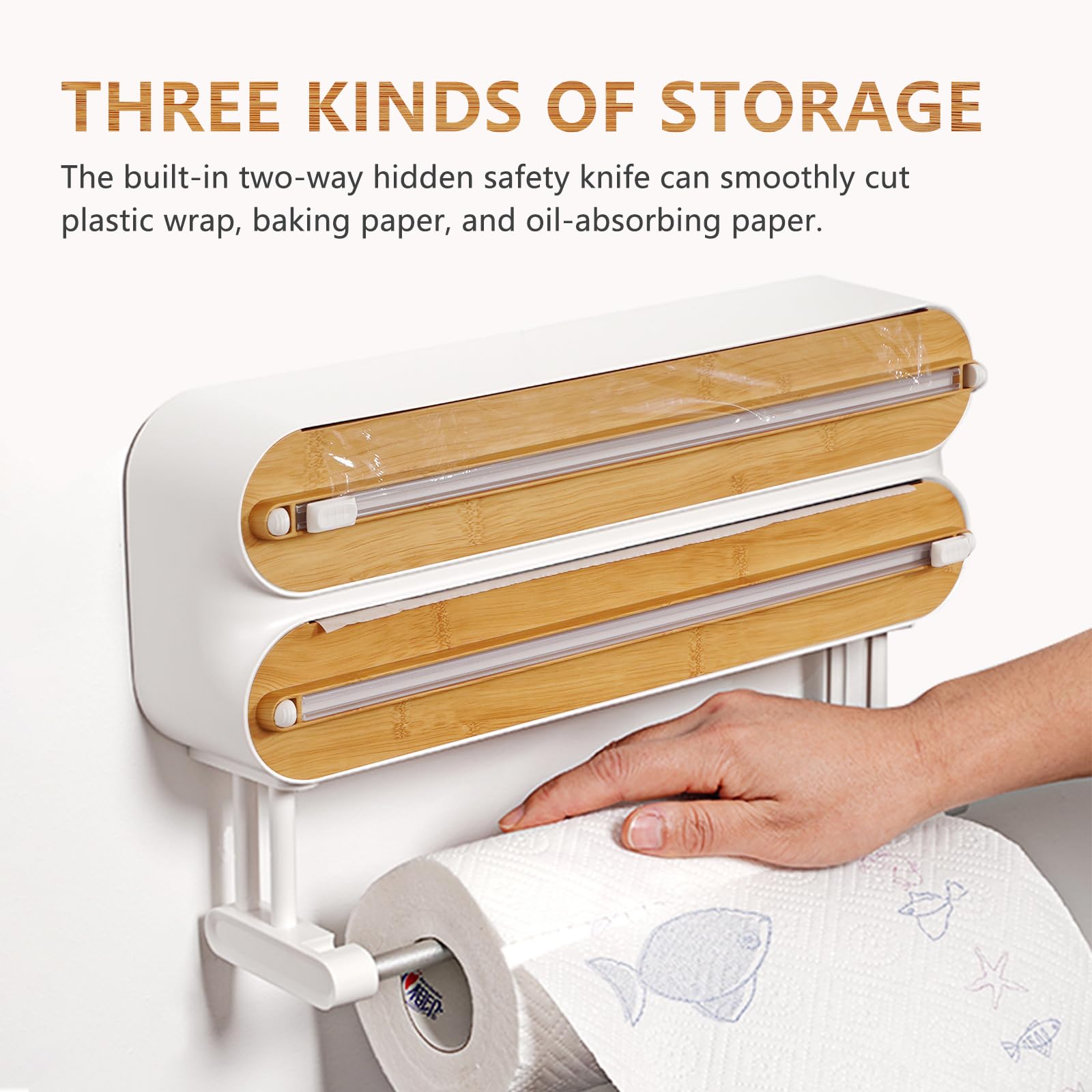 Motif Bambou Derouleur Film Alimentaire, Magnétique Distributeur Papier Aluminium et Film, Distributeur Film Alimentaire avec Un Couteau Bien Aiguisé, Derouleur Essuie Tout Murale pour Cuisine