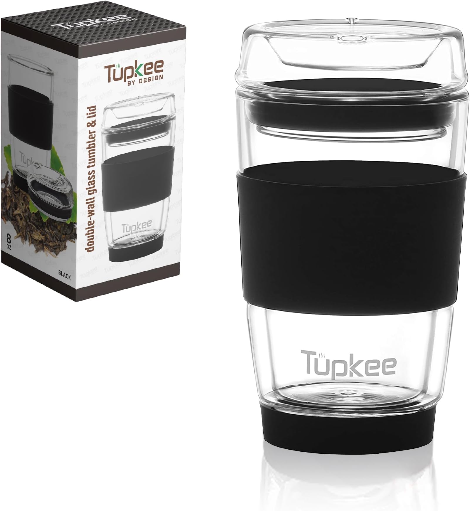 Double Wall Glass Tumbler - 8-Ounce, All Glass Hand Blown Reusable Insulated Tea/Coffee Mug & Lid, Travel Mug - Black