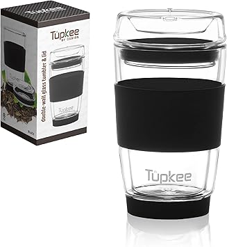 Double Wall Glass Tumbler - 8-Ounce, All Glass Hand Blown Reusable Insulated Tea/Coffee Mug & Lid, Travel Mug - Black