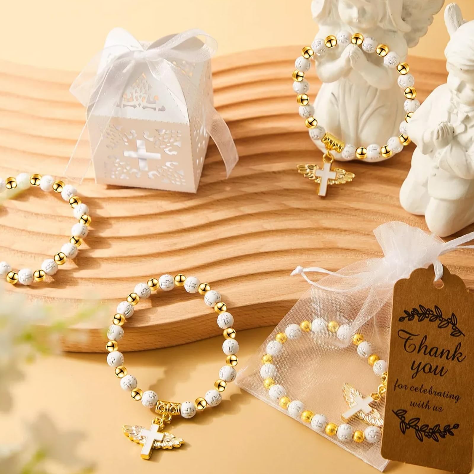 Set di bomboniere per battesimo da 20 pezzi: 20 braccialetti con croce rosario angelo, 20 scatole per battesimo, 20 sacchetti in organza, 20 etichette
