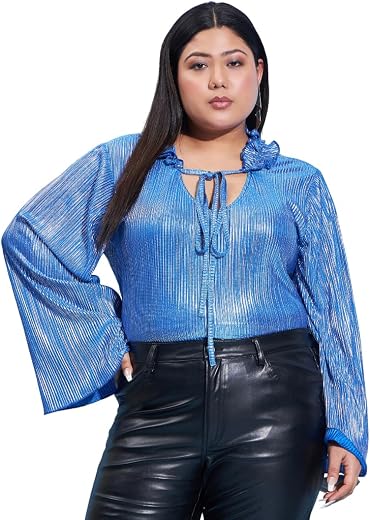 Athena Lifestyle Women &amp; Girl Blue Tie-Up Neck Pleated Top