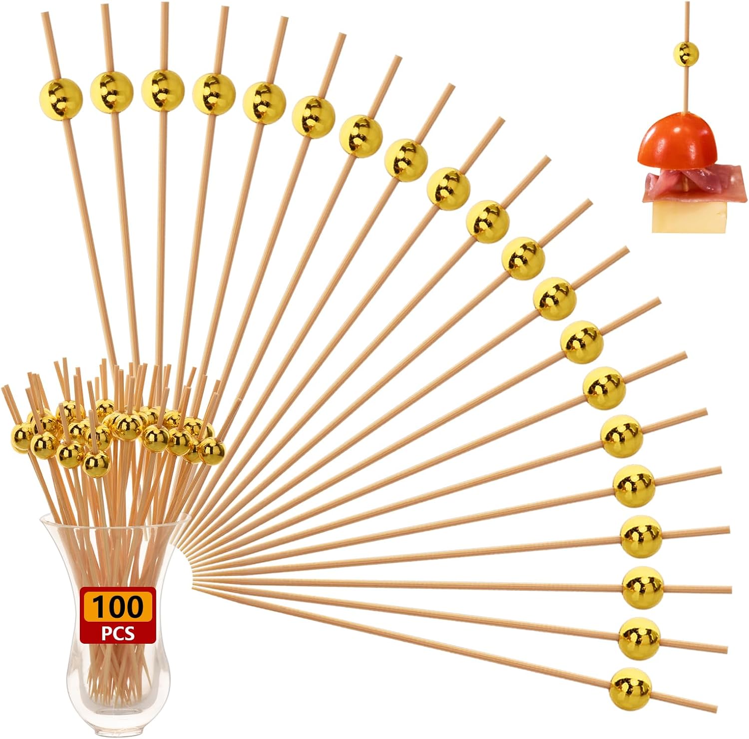 100 Pcs Cocktail Picks, 4.7 Inch Ball Toothpicks for Appetizers, Cocktail Skewers for Drinks, Fruits, Wooden Long Toothpicks Charcuterie Sticks, Party Decorations Supplies (Red)