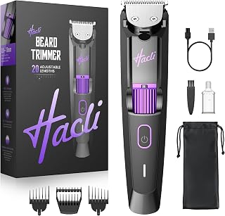 HACU Cordless Beard Trimmer for Men - Facial Hair Trimmer with Precision Dial, 20 Adjustable Length Settings, IPX7 Waterproof Wet/Dry Use, Grooming Gift for Dad, Husband & Him