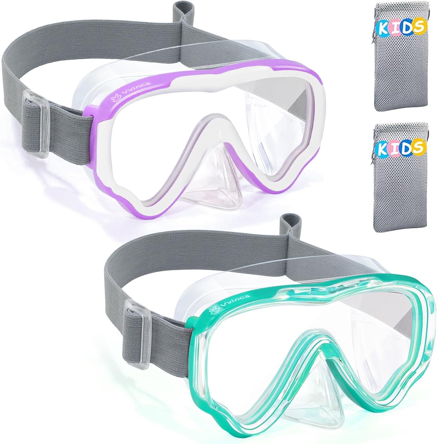 Vvinca 2Pcs Kids-Goggles with Nose Cover, Diving Mask Elastic Fabric Strap Anti Fog Anti Shattered Lens for Kids Swim Goggles 3-14