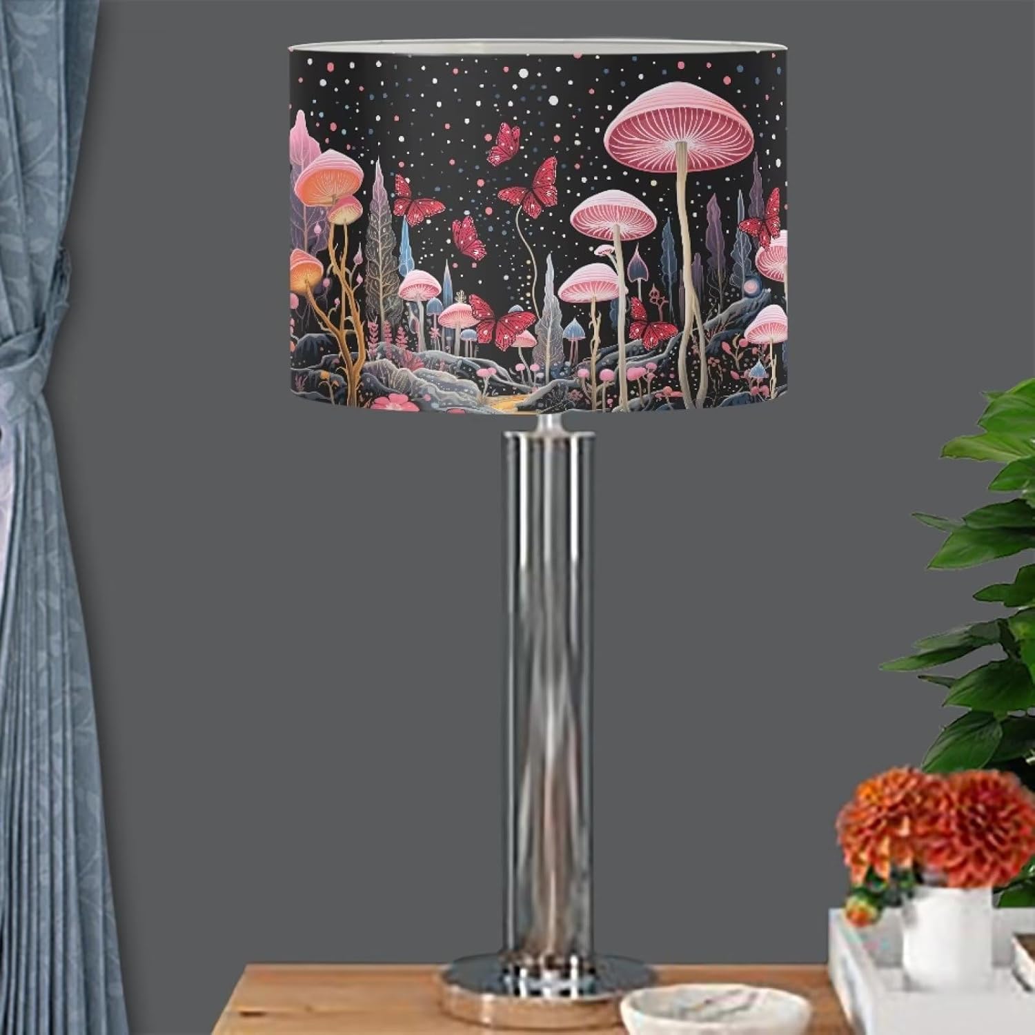 Yzaoxia Mushroom Print Lamp Shade for Table Lamp Desk Lamp Bedside Lamp Fantasy Butterfly Polka Jungle Shrub Pattern Lamp Shade PVC Drum Lampshades for Living Room Bed Room