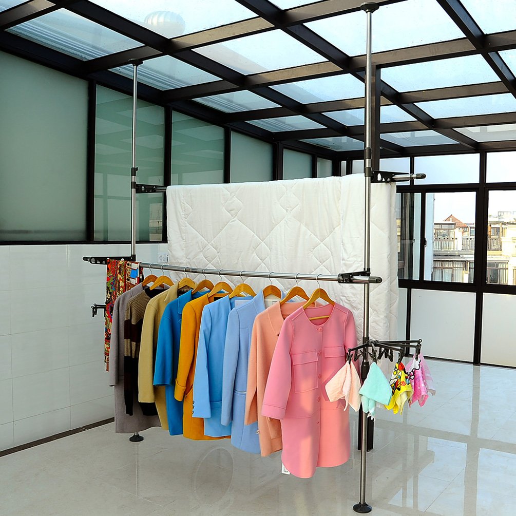 Yosoo Porta Abiti Telescopico,Porta Abiti Regolabile,Doppio Appendiabiti a 2 Livelli per Carichi Pesanti,Organizer per Armadio,Espositore per Armadio da Soffitto