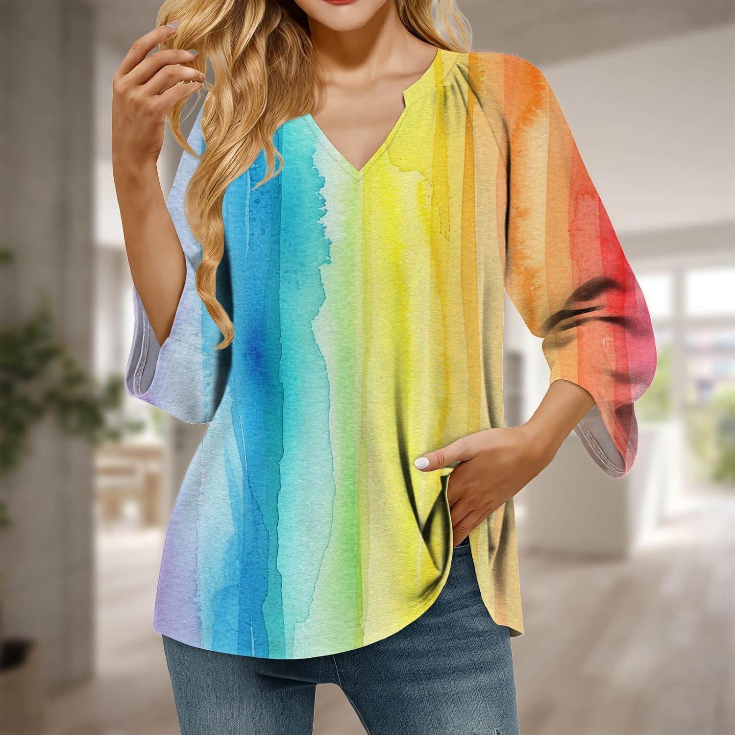 Women V Neck T Shirt Dressy Tops Comfortable Breathable Loose Oversized T-Shirt Western Retro Fitted Tee Casual Summer Workout Trendy Clothes 2025 Y2K Rainbow,3XL - Image 2