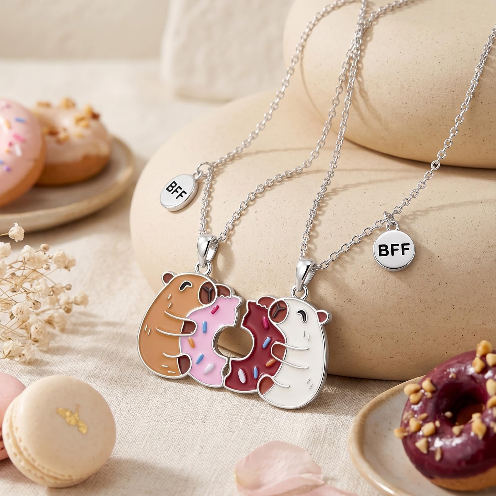 Capybara Freundschaftskette 925 Sterling Silber Niedliche Donut Capibara BFF Passende Anhänger Halskette Set für 2 Mädchen Hypoallergenic Capybara Freundschaftsschmuck Geschenk für Beste Freunde