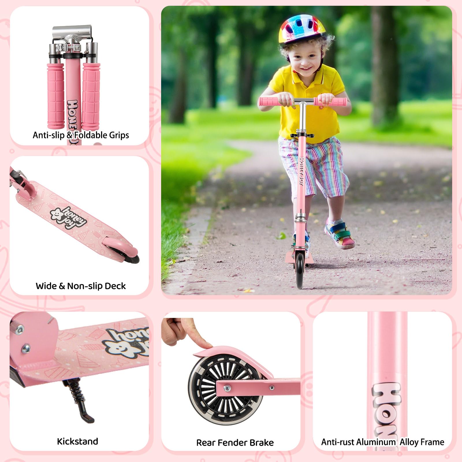 KOMFOTTEU Monopattino per bambini con 2 ruote a LED e freni, skateboard pieghevole con 3 altezze regolabili, in alluminio con carico 50 kg, per bambini