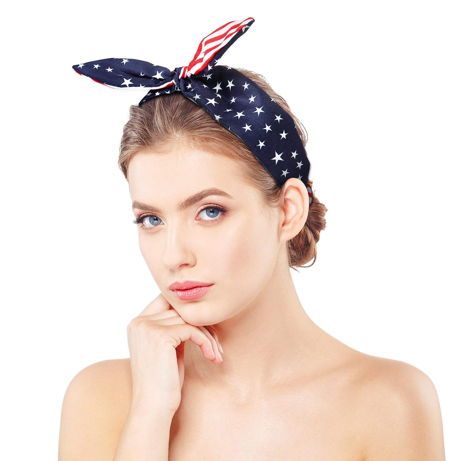 2Pcs 4th of July Headbands for Women with Patriotic USA Bows, 4th of July Wide Red White and Blue Knotted Bow Hair BandsBands Fourth of July