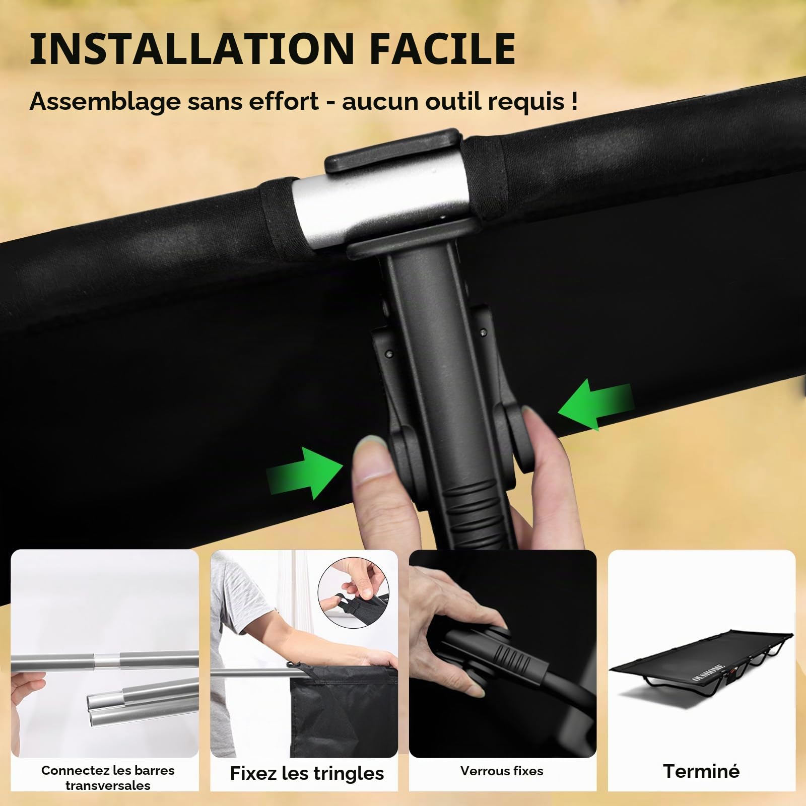 Lit de Camp Ultraléger, Lit Camping 4 Pieds Supporte 160KG | Pliable Portable, Facile à Installer, pour Le Camping, Les Voyages en Plein Air, la Randonnée, la Maison, L'alpinisme, Noir