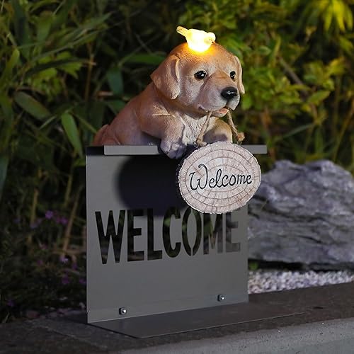 Miniatura 7 de Estatuas de perro de jardín con pájaro solar, estatua solar de cachorro de labrador con base de valla de bienvenida, esculturas al aire libre,