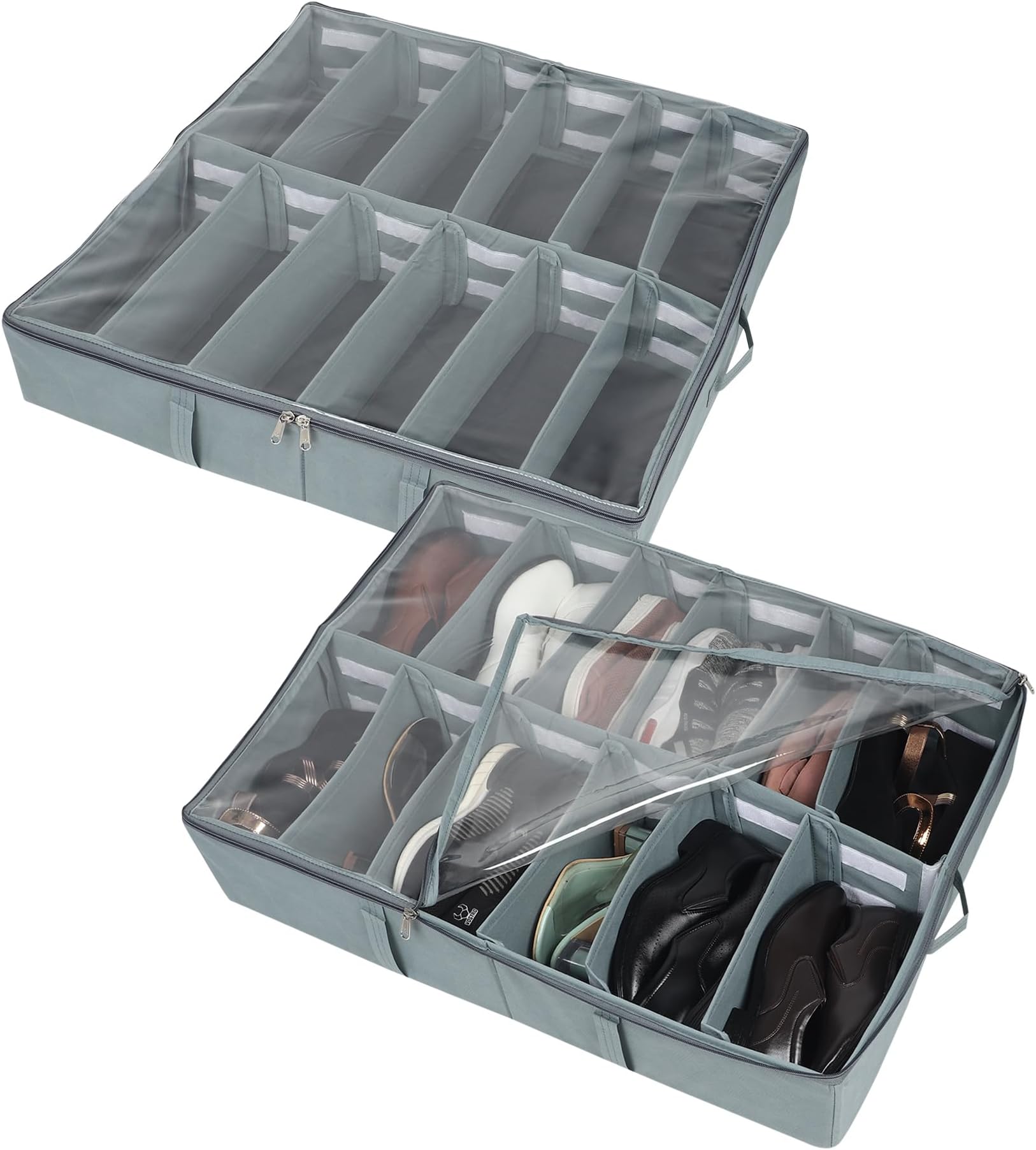 DOUBLE R BAGS Under Bed Shoe Organizer with Zipper | 12 Compartments | Dustproof Space-Saving Storage Box for Sneakers, Heels & Boots | N/W Grey (72x61x13 cm) Pack of 2
