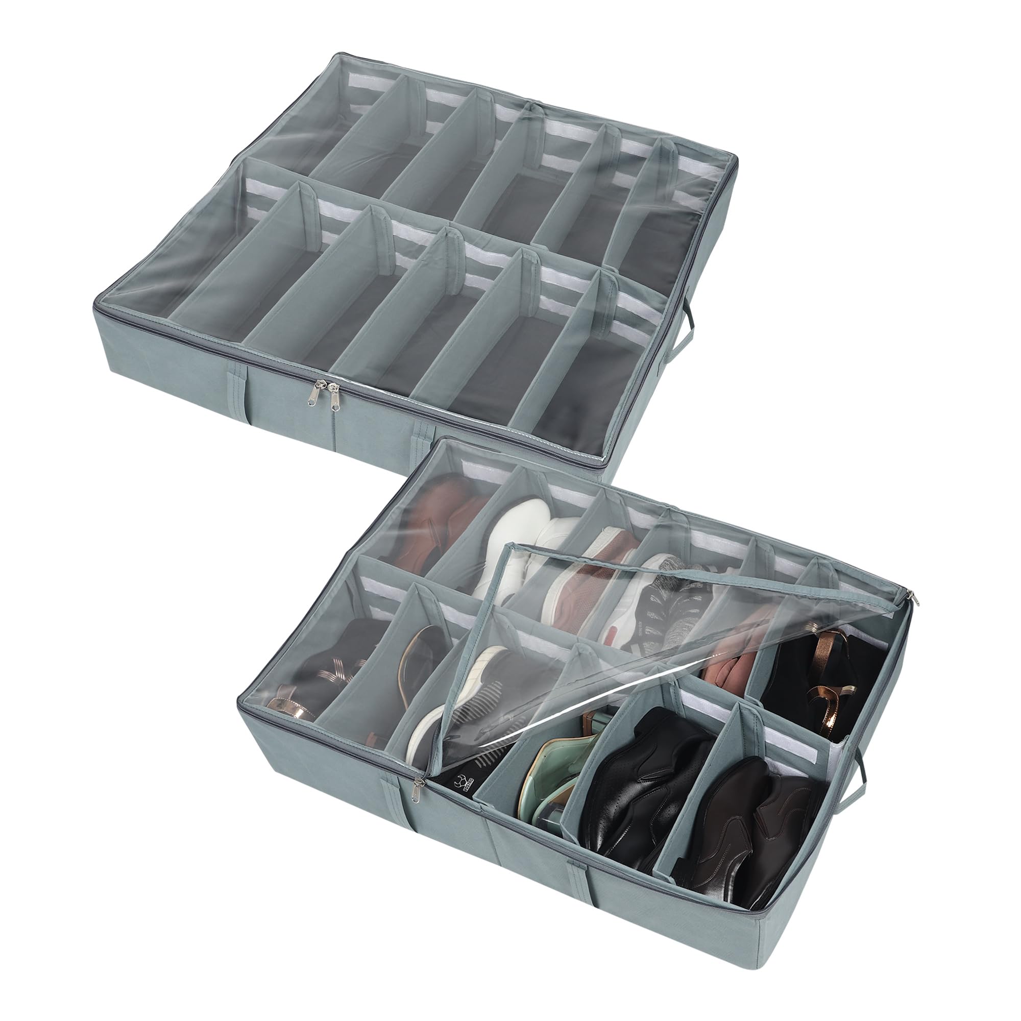 DOUBLE R BAGS Under Bed Shoe Organizer with Zipper, Storage for Sneakers, Heels & Boots – Adjustable Compartments, Dustproof & Space-Saving (24.5 x 29 x 5.5 Inch) (N/W Grey, Pack of 2)