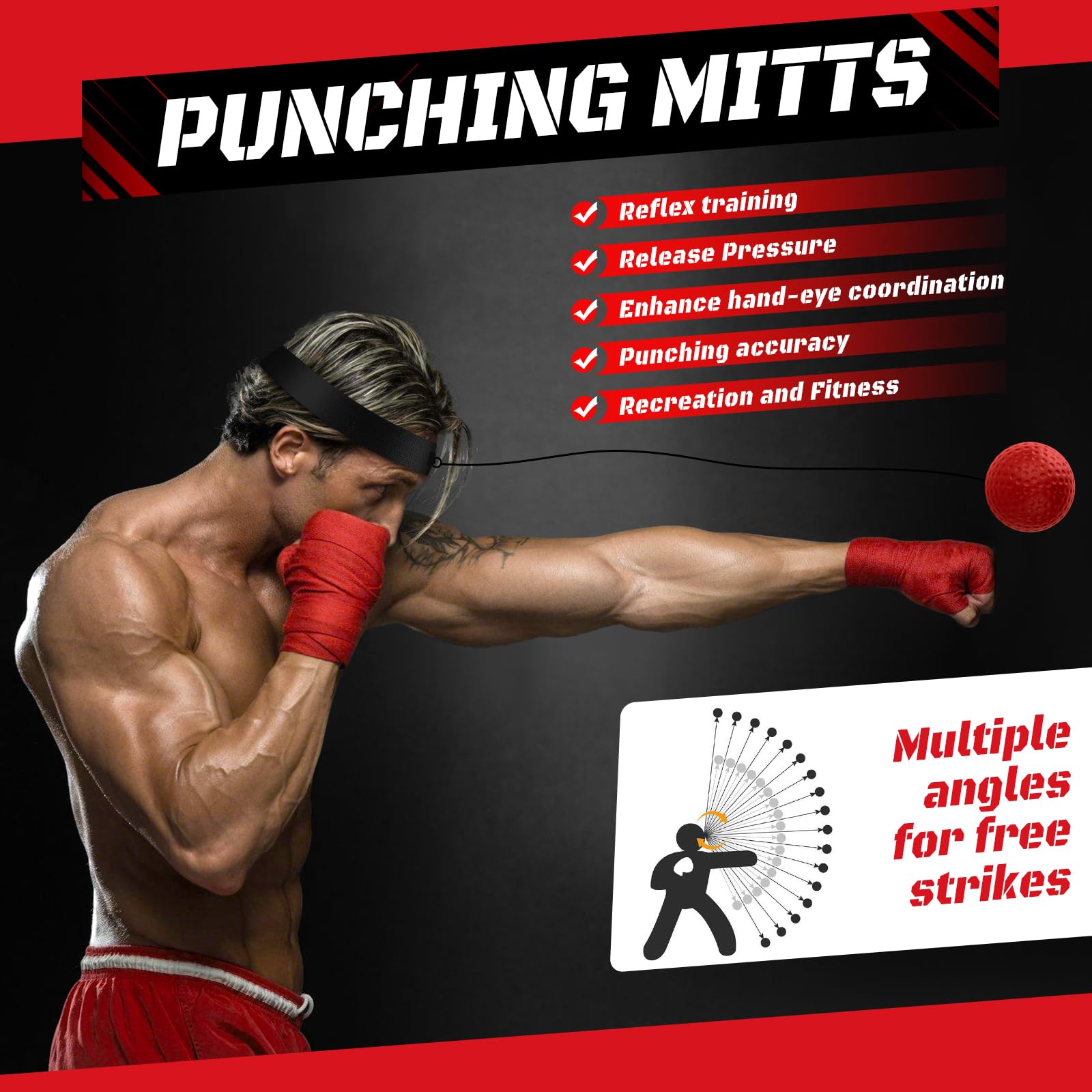 4-in-1 Boxing Gloves and Punching Mitts Set for Boys & Girls, Kids Boxing Gloves Focus Pads with Hand Wraps, Boxing Reflex Ball, Boxing Equipment Set for MMA Karate Muay Thai Taekwondo