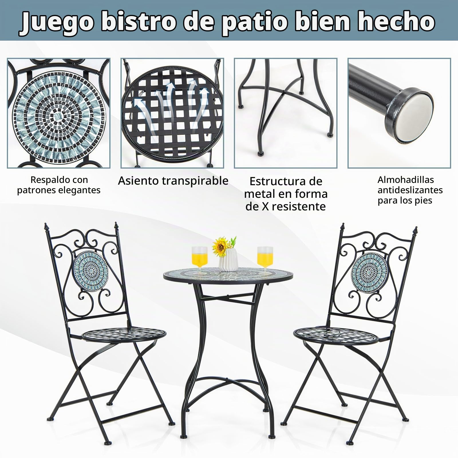 GIANTEX Mesa de Mosaico para Exterior, Mesa Redonda de Patio de Metal Resistente con Atractivo Patrón de Mosaico, Patas Antideslizantes, Montaje Rápido, Mueble Decorativo para Interior y Exterior