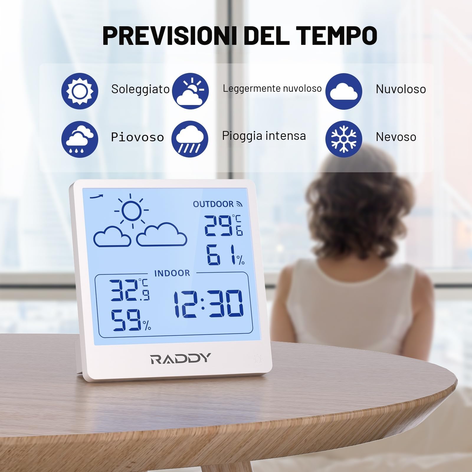 Raddy WF-50T Stazione meteorologica wireless, Termometro Igrometro per interni ed esterni, 5,0'' TN display, alimentazione tramite USB-C, previsioni del tempo, sensore remoto wireless (Bianco)