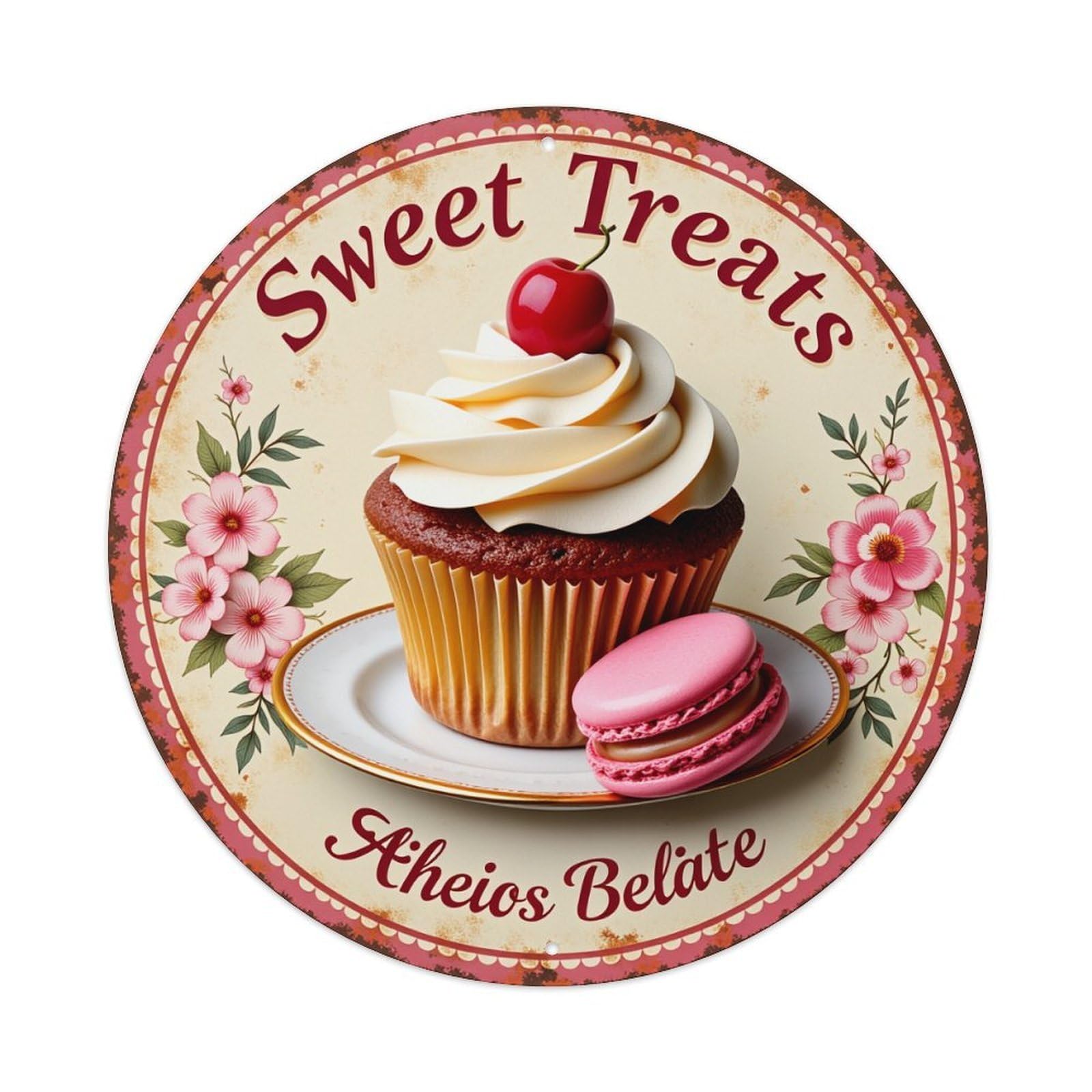 Floral Pattern With Cherry And Cupcake Round Tin Sign Vintage Metal Poster, Home Bar Garage Man Cave Cafe Indoor & Outdoor Wall Decoration 8x8Inches