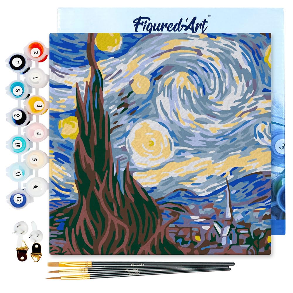 WOWDECOR Kit per dipingere con i numeri, fai da te, motivo: Notte stellata di Van Gogh sul Rodano, 40 x 50 cm, tela stampata (incorniciata