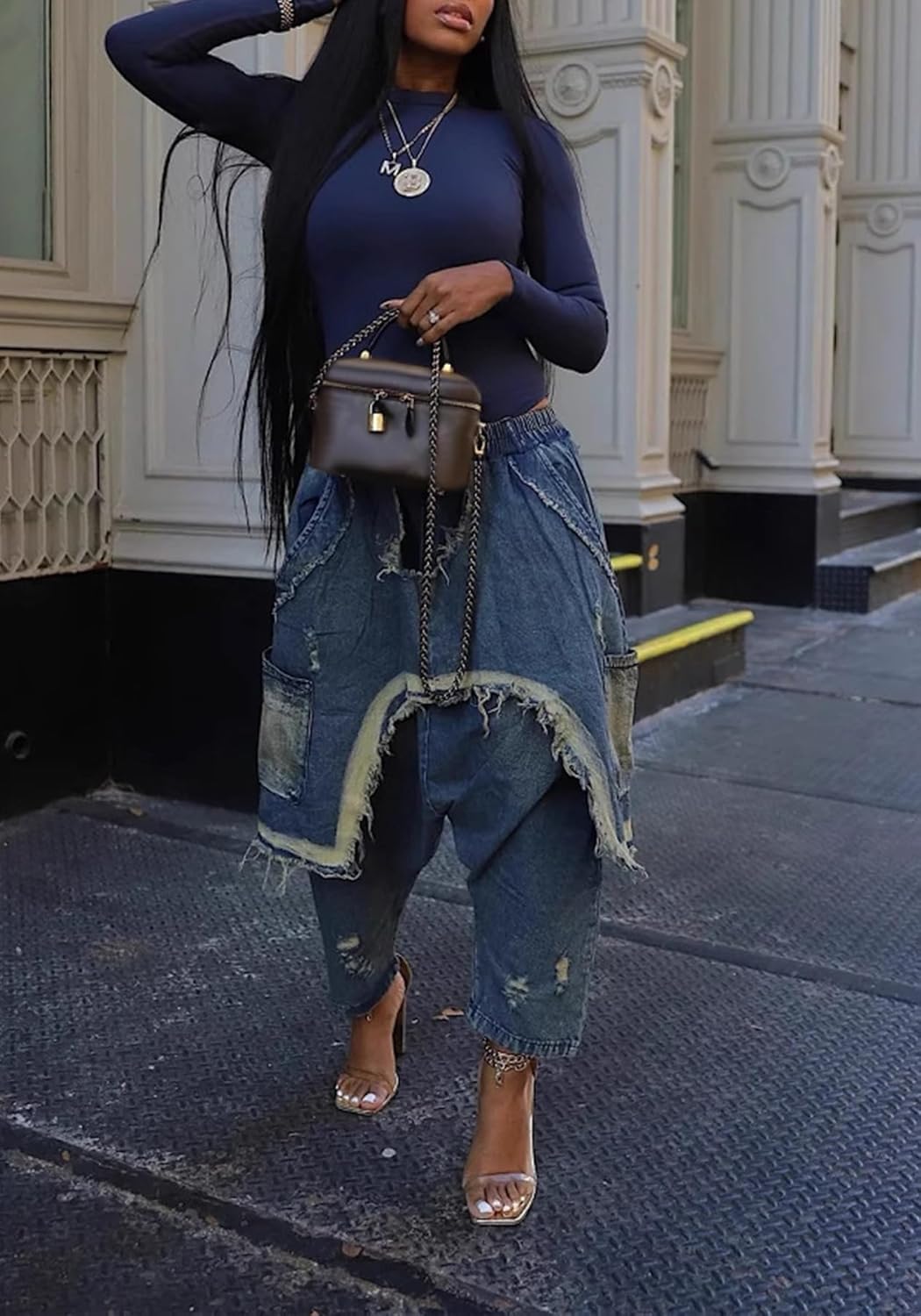 Unybwonn Womens Harem Jeans Baggy Cargo Hippie Patchwork Denim Pants Casual Elastic Waist Wide Leg Jogger Trousers - Image 2