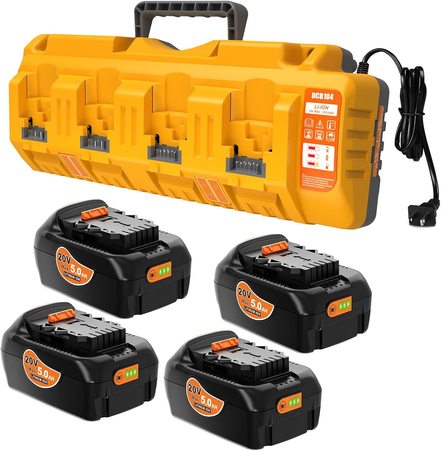 Replacement for Dewalt 20V Max Battery and Charger Combo with 4-Pack 5.0Ah Batteries and 4-Port Battery Charger, Compatible with All Dewalt 20V Cordless Tools