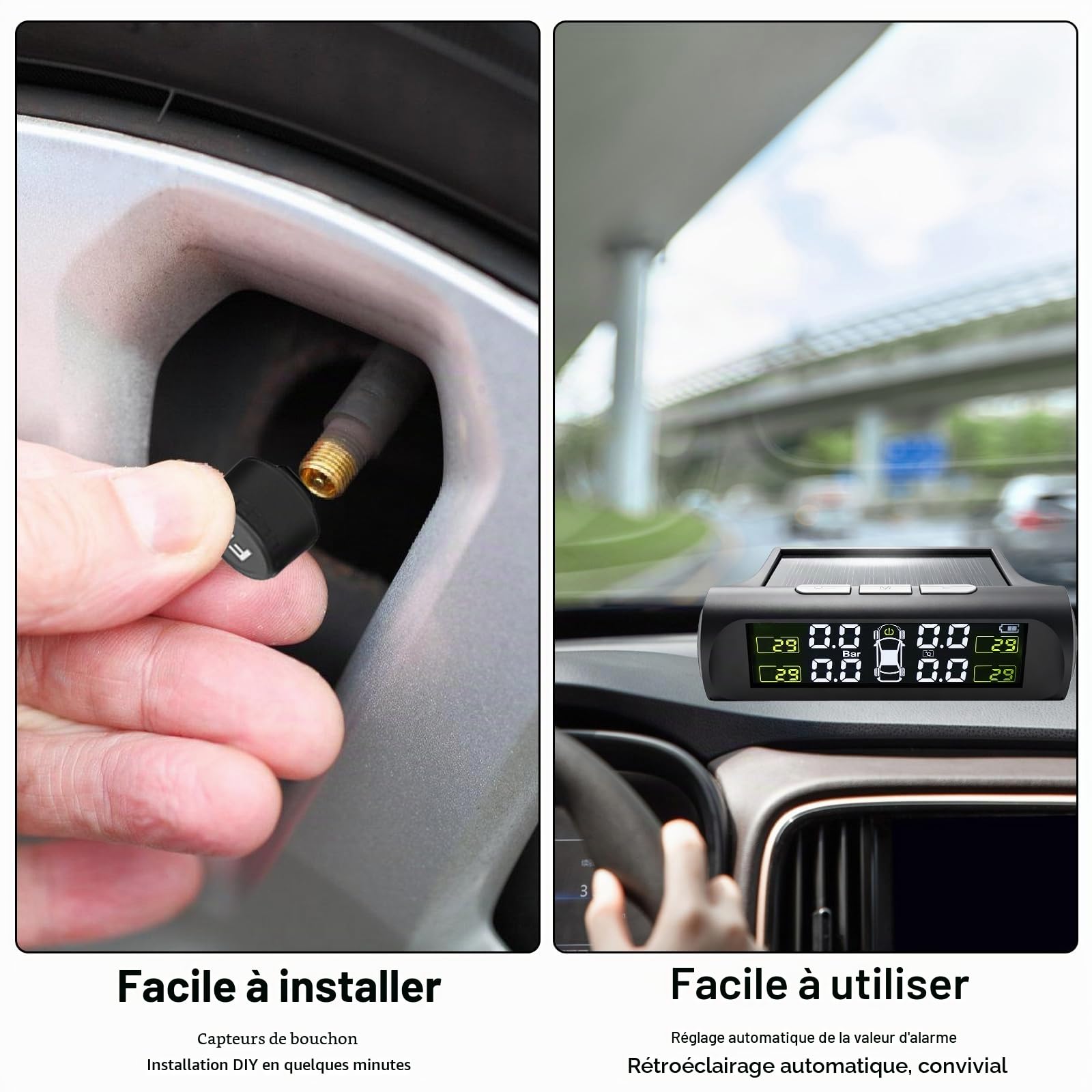 GBKDQQ TPMS Système de contrôle de la pression des pneus avec 4 capteurs externes, alarme de température et de véhicule, système de contrôle de pression des pneus à énergie solaire, affichage