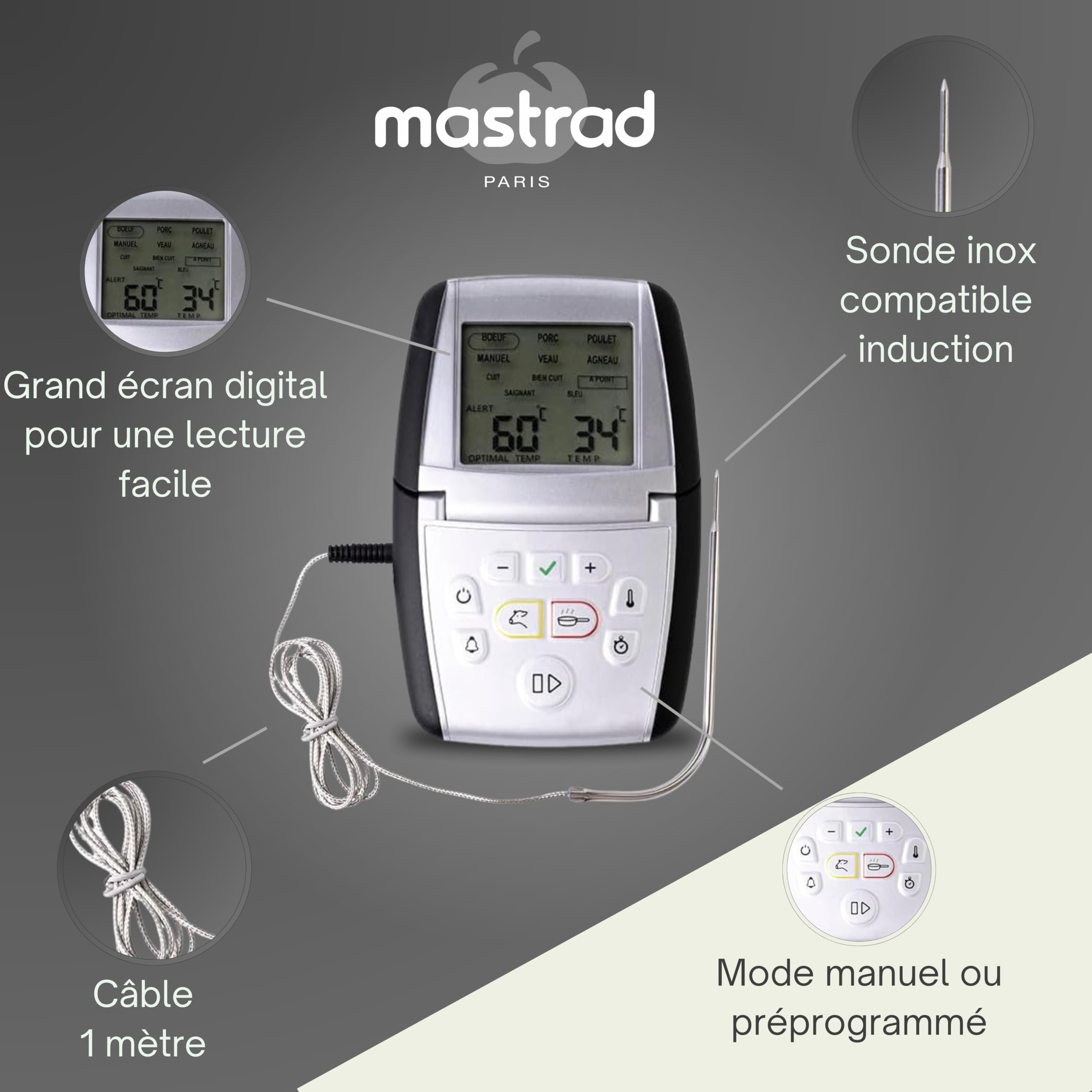 Mastrad Thermosonde De Cuisson m°classic+ Thermomètre Sonde 0-210°C Programmable Viande Cuisson Compatible Four BBQ Induction Alarme Temps Restant 1 Pile AAA