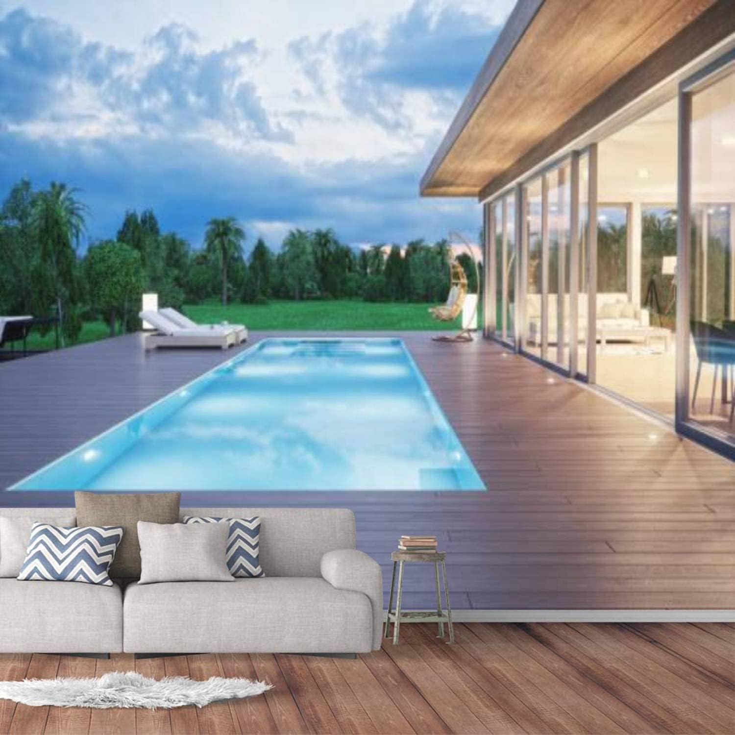 Modern Wall Murals 3D Modern Luxury House Swimming Pool at Dawn Peel and Stick Wallpaper Removable Self-Adhesive PVC Wall Stickers for Living Room Bedroom Wall Decor