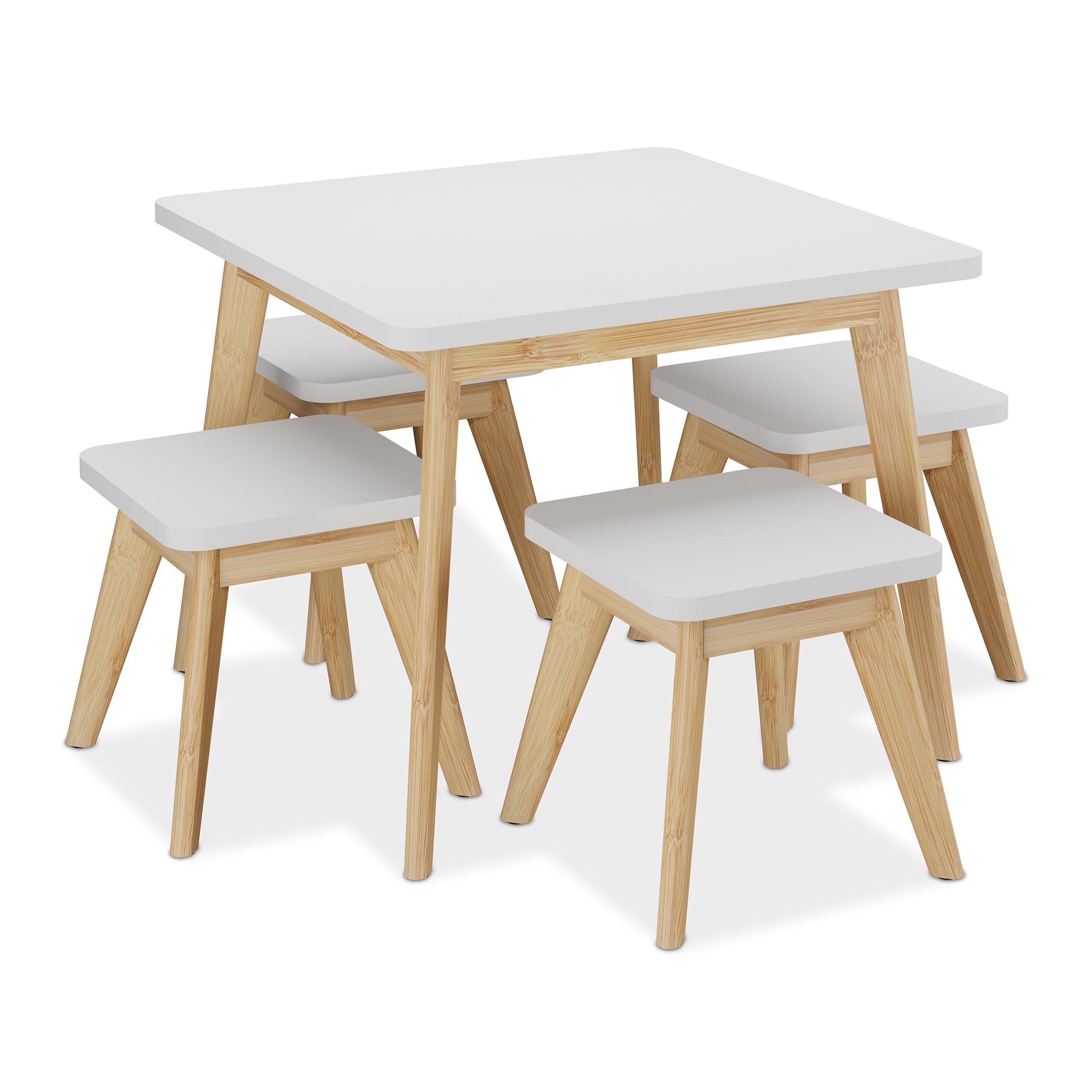 Relaxdays Tavolino da Bambini con Sedie per Cameretta, Tavolo da Gioco 4 Posti, bambù e MDF, 49x60x60 cm, Marrone Bianco