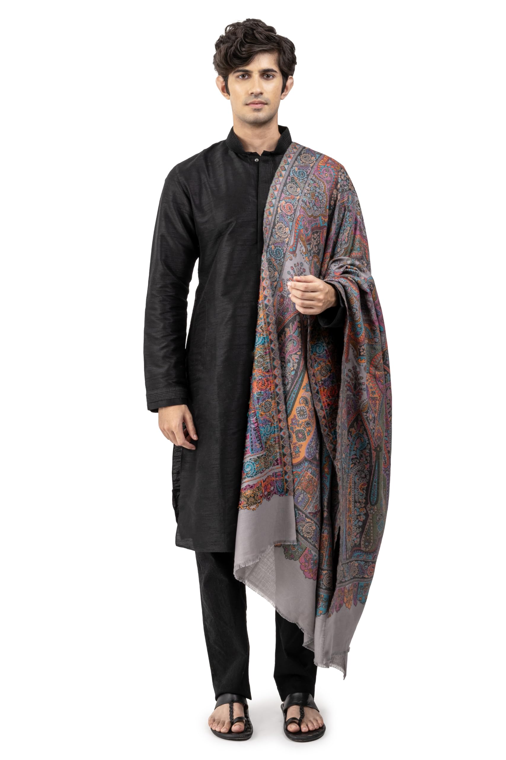 Men Pashmina Blend Kani Shawl with Paisley and Floral Artwork, Warm and Soft, 40x80 inch-image-30