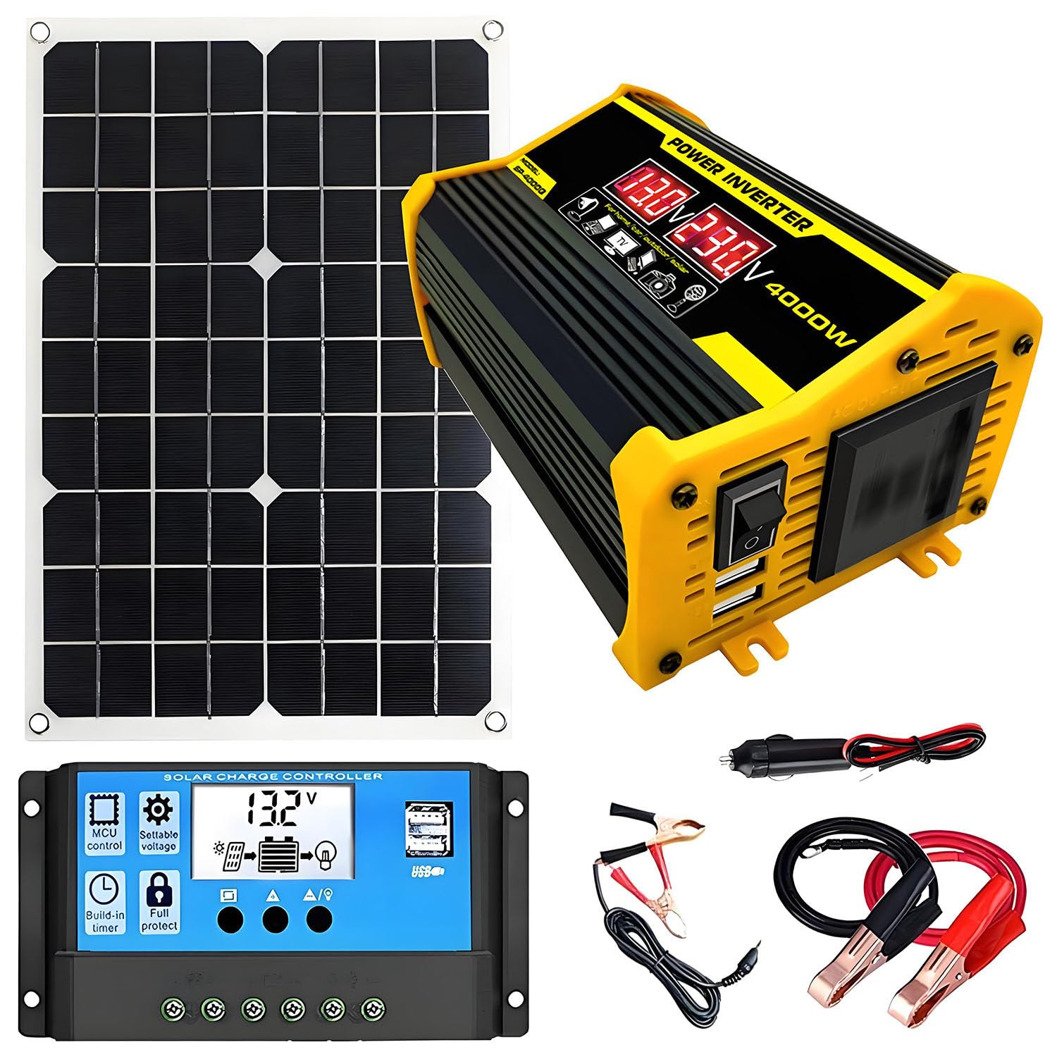 Kit Solare Completo, Fotovoltaico Plug And Play - Kit Pannello Solare E Controller con Pannello Solare da 18W E Inverter da 400W, Regolatore di Carica Solare da 30A Black-220V