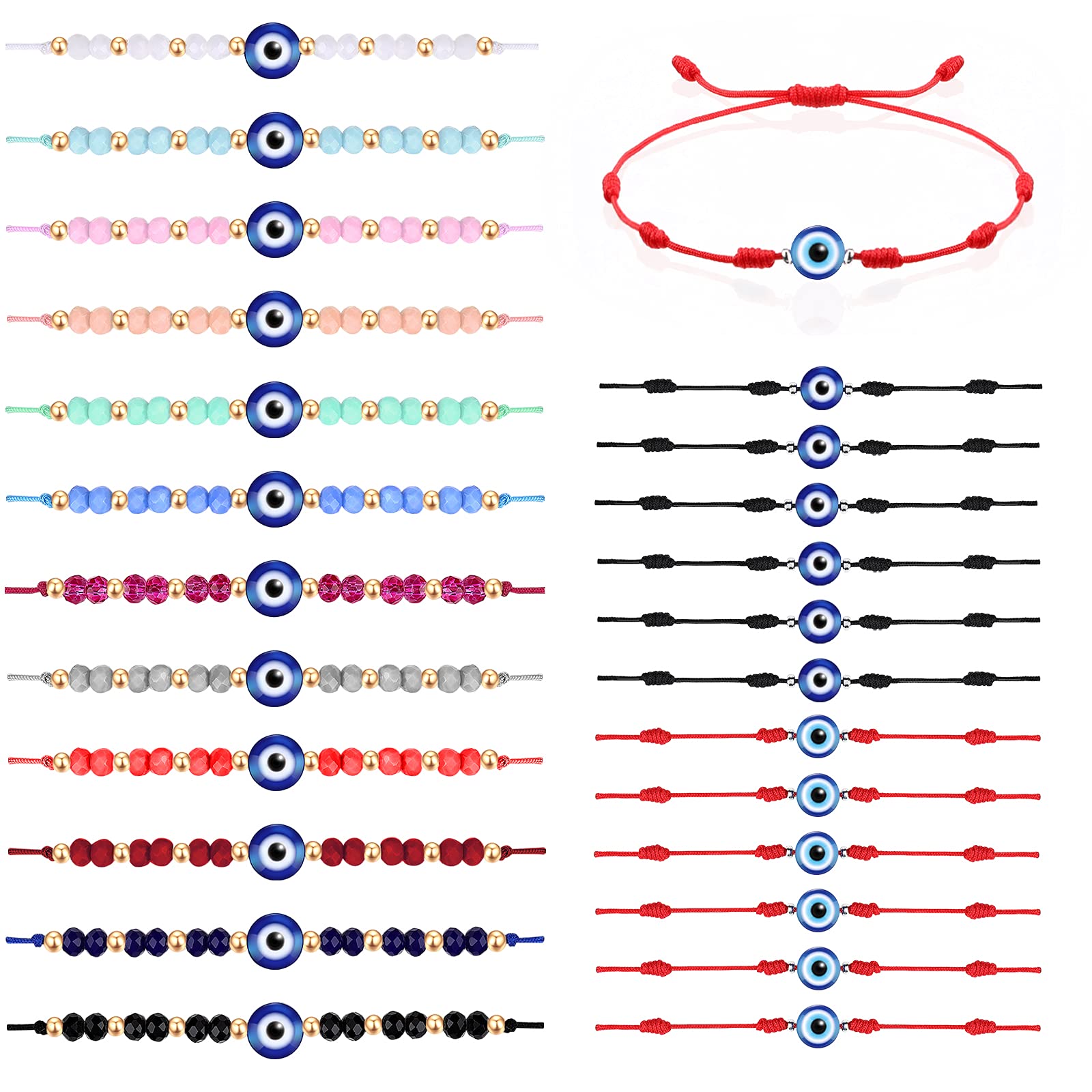 24 Pieces Evil Eye Bracelets Set Handmade Evil Eye Beaded Bracelets, 7 Knot Braided Adjustable Bracelets Lucky Religious Symbol Jewelry