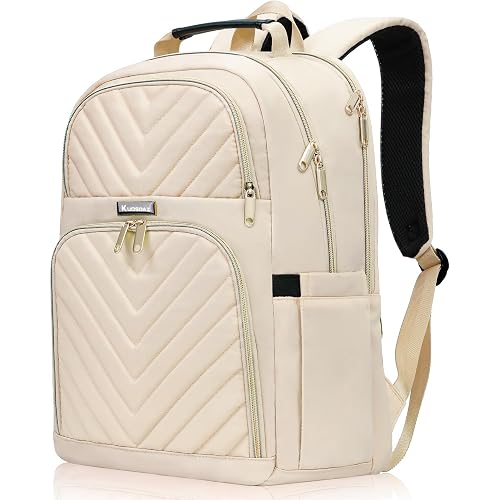 Travel Laptop Backpack for Women, 15.6 Inch Quilted Work Backpack Purse | School Backpack for Teens Girls Boys, Large Anti-theft Teacher Student Bookbags, Casual Daypacks, Beige
